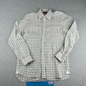 Hickey Freeman Linen Shirt Medium Beige Blue Check Button Up Long Sleeve Mens